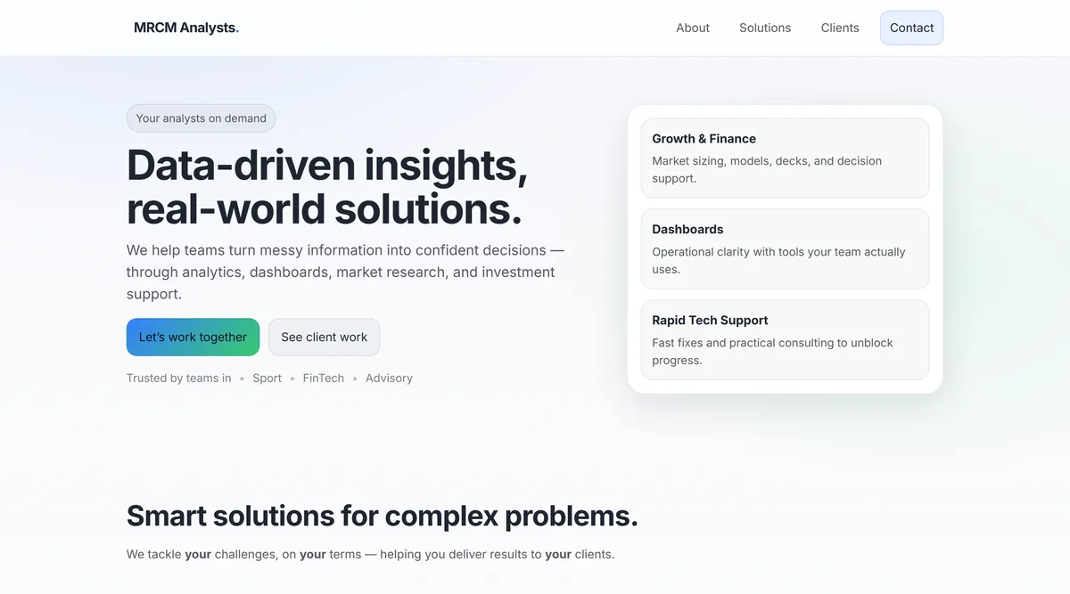 The MRCM Analysts homepage: “Data-driven insights, real-world solutions.”, with growth and finance, dashboards and rapid tech support as its three services.